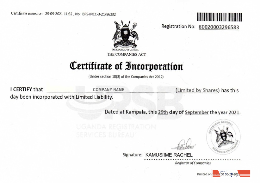 Uganda Certificate of Incorporation